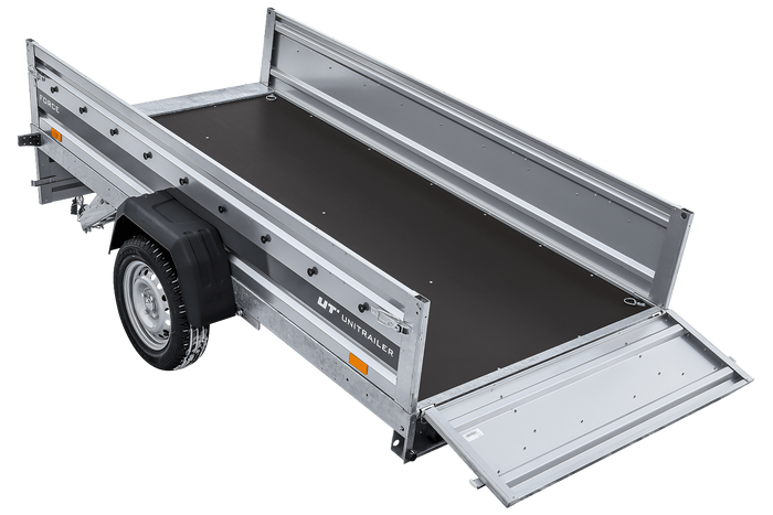Leichter Anhänger auf Blattfedern 264×125 UNITRAILER FORCE 264/R KIPP mit BIS-Seitenwänden, H-800-Rahmen und blauer Plane-Neu